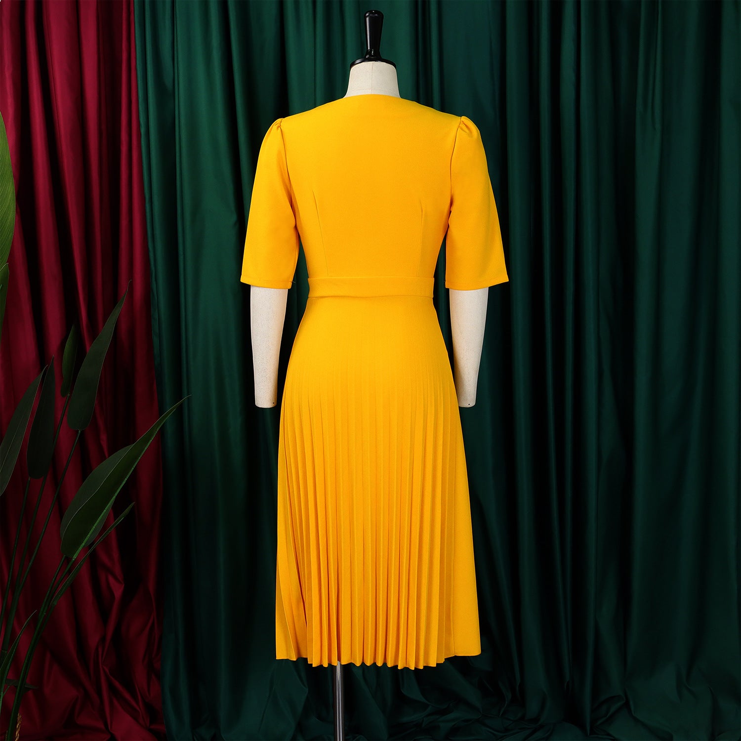 Women's Summer V-Neck Fashion Short Sleeve Solid Color Elegant Pleated African Dress 22