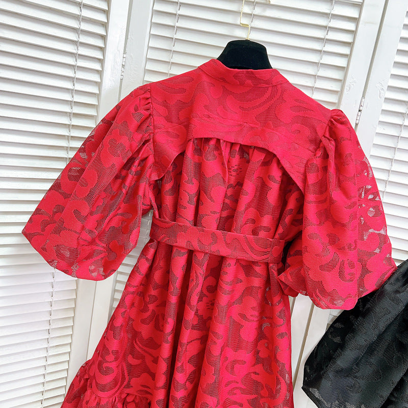 Women Round Neck Vintage Jacquard Puff Sleeve Casual Belt Dress 17
