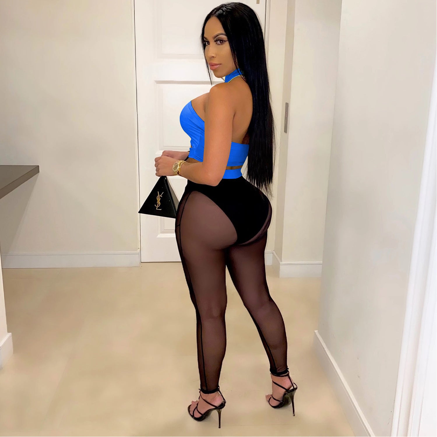 Women See-Through Colorblock Top and Pant Two Piece Set 10