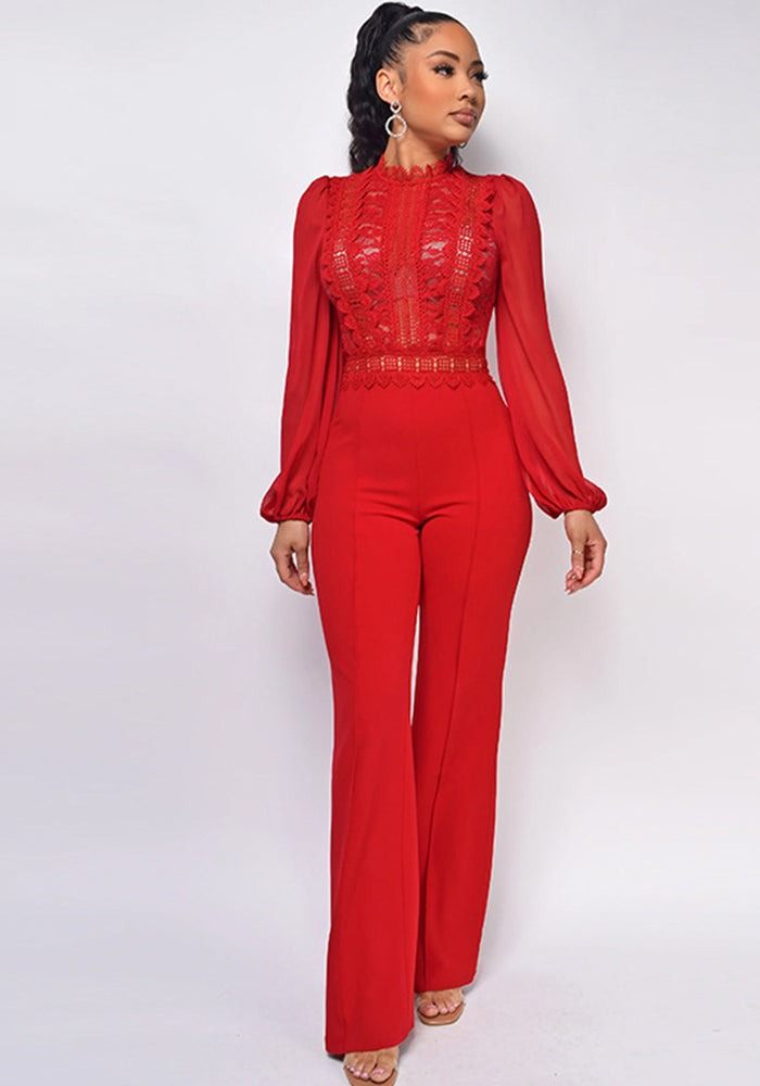 Women's High Waist High Collar Lace Long Sleeve Straight Leg Jumpsuit For Women