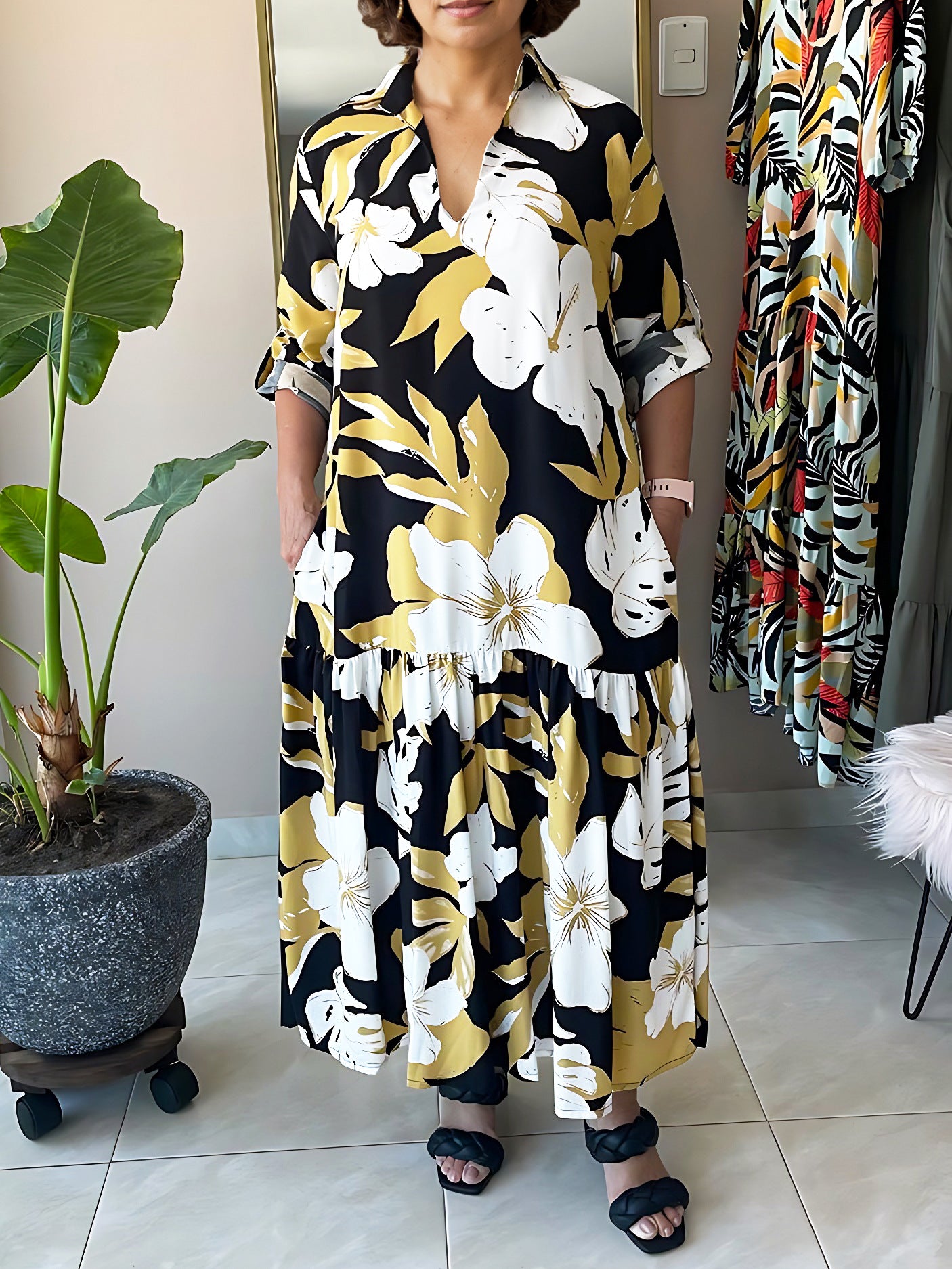 Women Printed Turndown Collar V Neck Patchwork Long Dress 3