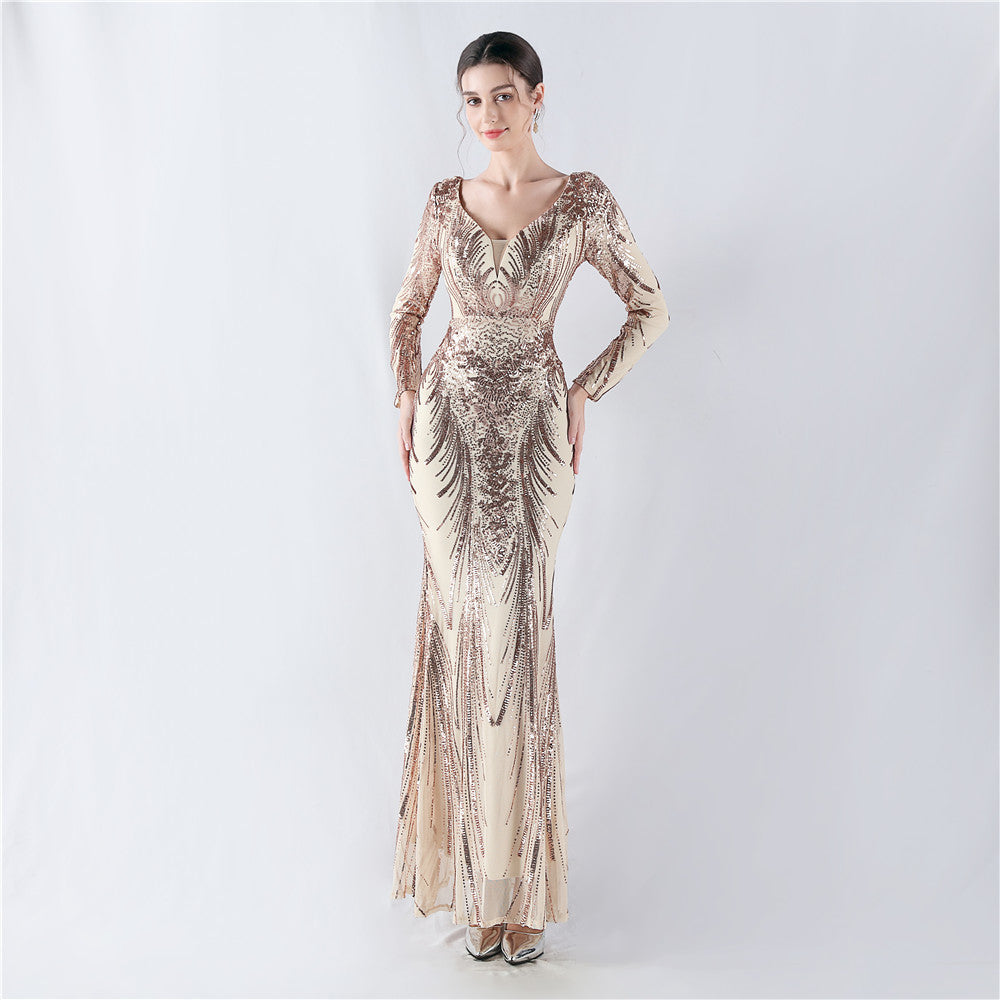 Women Positioning Flower Beaded Long Sleeve Evening Dress 3