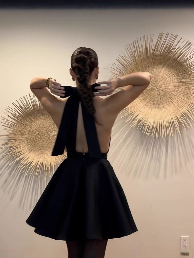 Spring/Summer Halter Neck Lace-Up Bow Low Back Sexy Slim Waist Black Dress 5