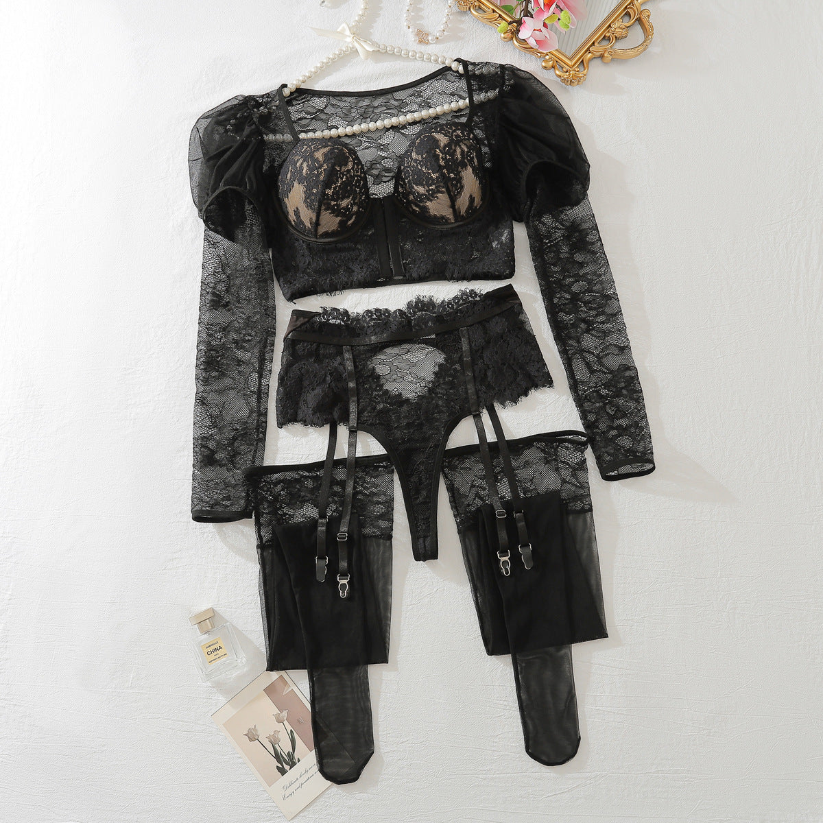 Long Sleeve Lace Teddy with Stockings Two Piece Lingerie 7