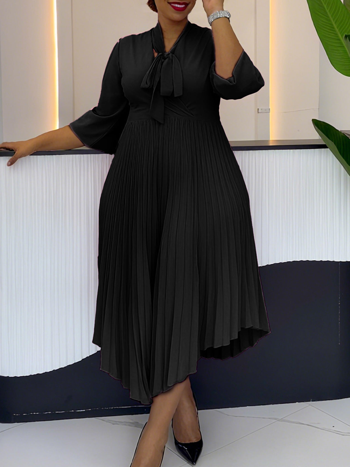 Women 3/4-sleeve tie dress with irregular pleats 8