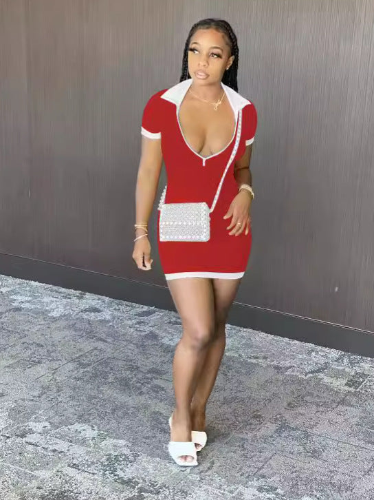 Women Zipper Turndown Collar Ribbed Short Sleeve Dress 7