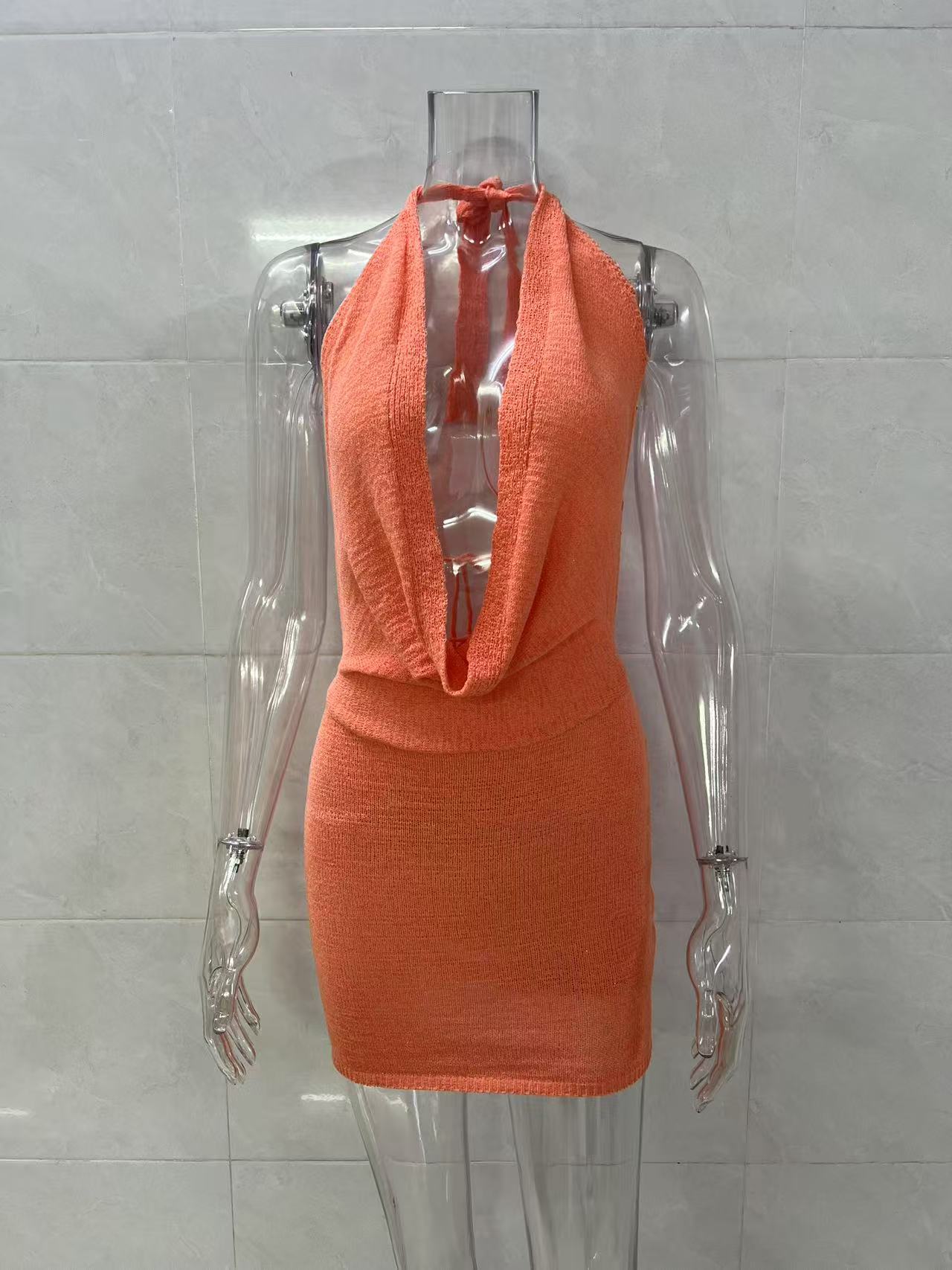 Sexy Low-Back Summer Style Halter Neck Lace-Up Knit Bodycon Mini Dress 15