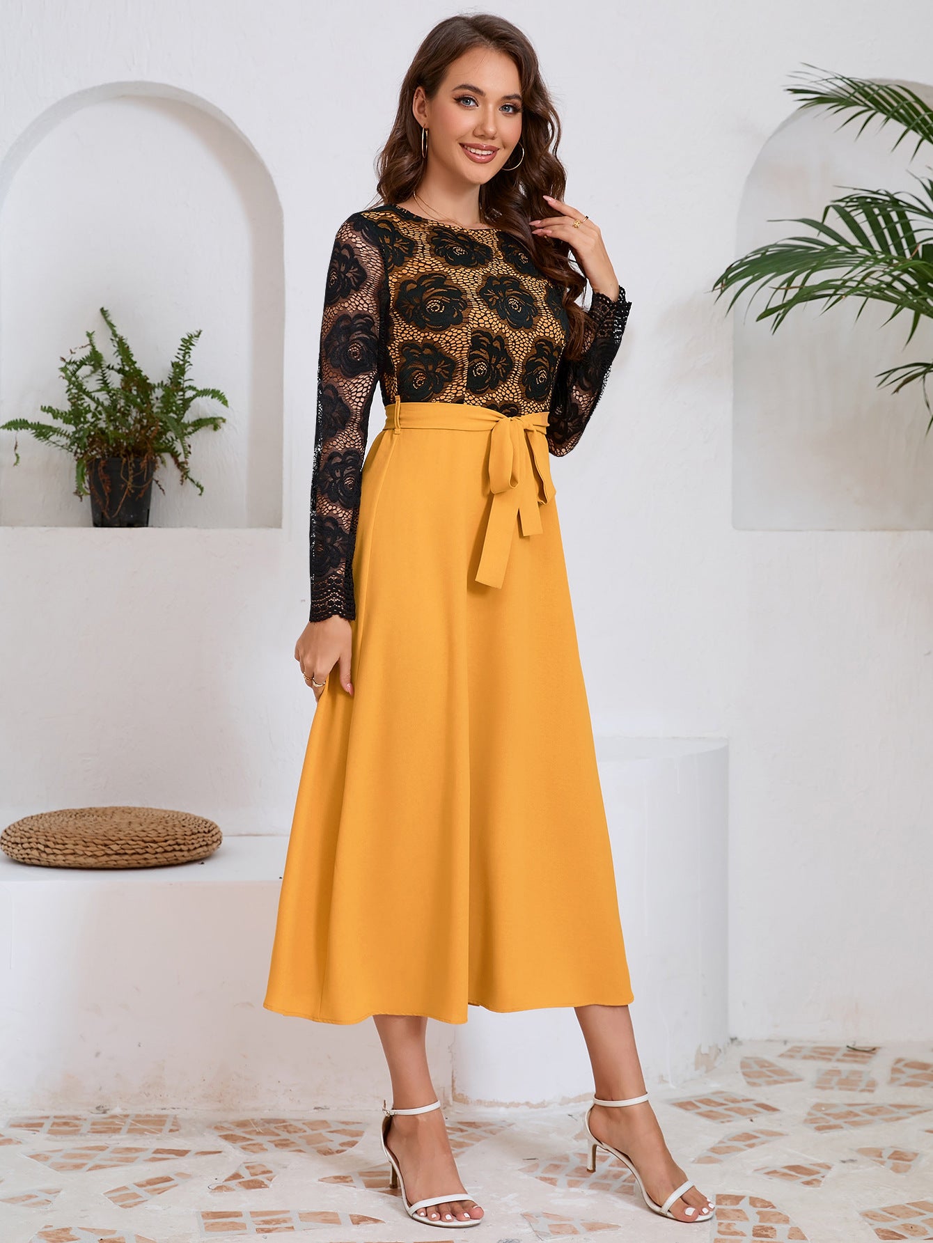 autumn women's Fashion slim Round Neck lace contrast color career dress 9