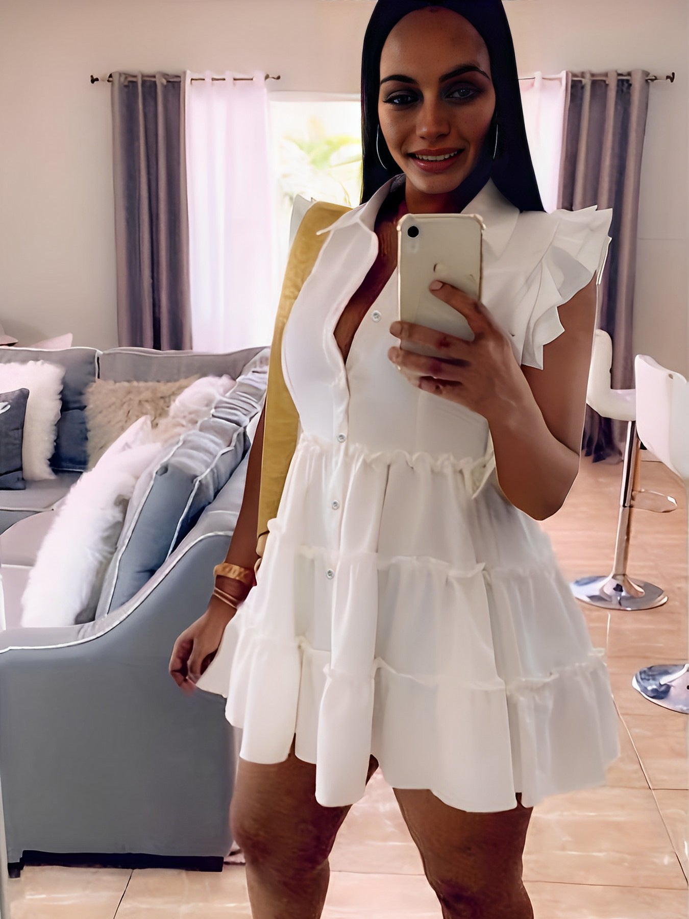 Women'S Ruffle Sleeveless Single Breasted Solid Color Summer Shirt Dress 3