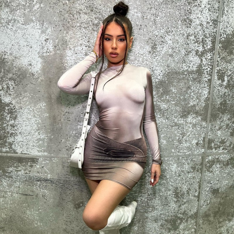 Fall Round Neck Long Sleeve Printed Slim Fit High Waist Bodycon Short Dress 3