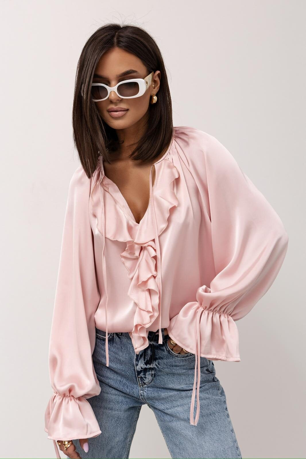 Women Spring ruffled Bell Bottom sleeve V neck lace shirt 15