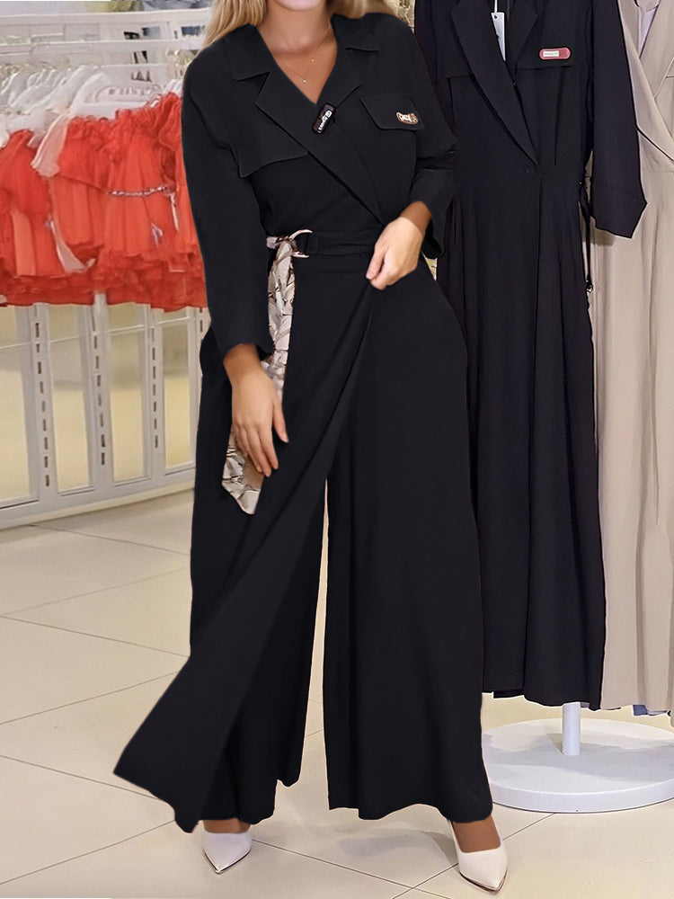 Solid Turn-Down Collar Irregular Lace-Up Patchwork Slim Waist Casual Jumpsuit 5