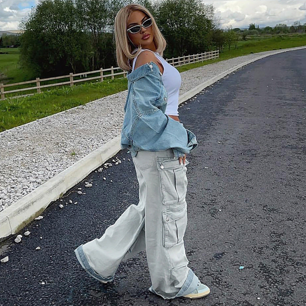 Women American Fashion Retro Cargo Denim Straight Pants 4