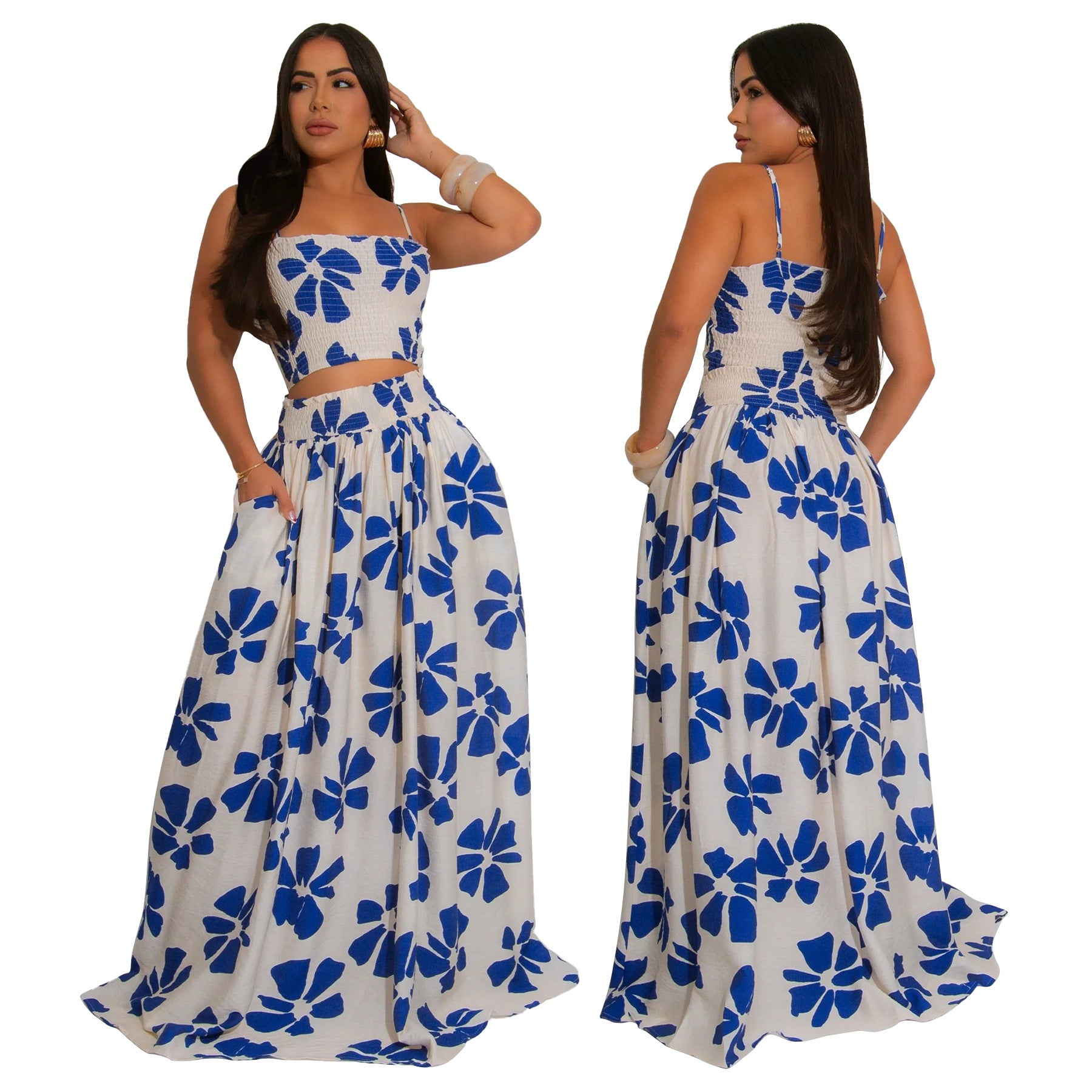 Women's Summer Bohemian Strap Top Swinging Skirt Two Piece Set 3