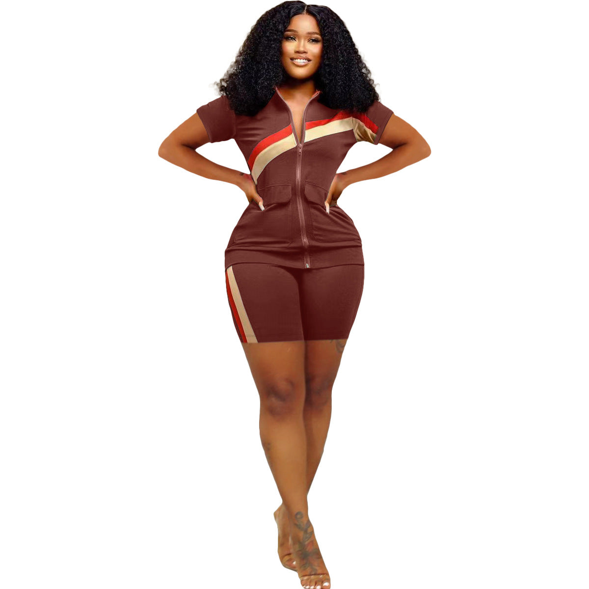 Women's Sports Casual Fashion Zip Pocket Top Shorts Two-Piece Set 18