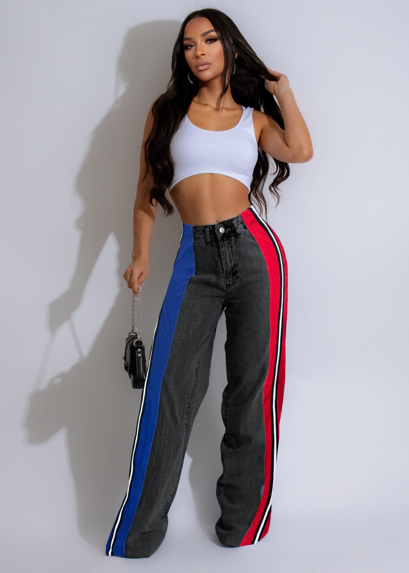 Women's Fashion Patchwork Striped Contrast Denim Pants Casual Straight Pants 13