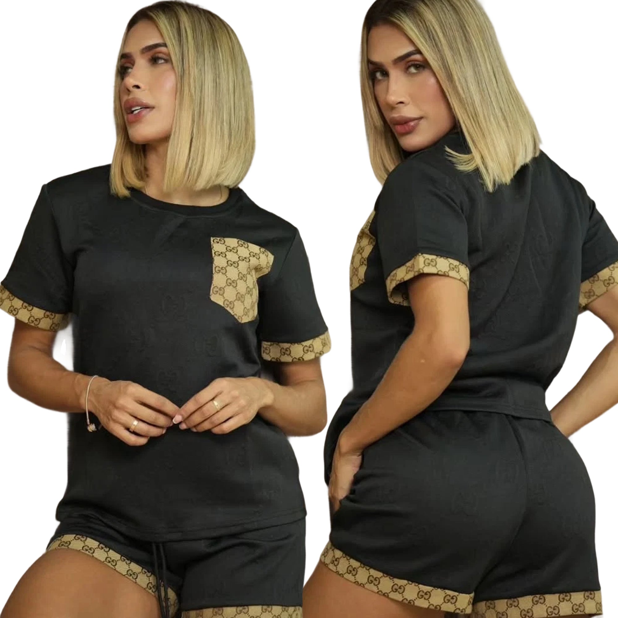 Women Casual jacquard short sleeve Top and shorts two-piece set 6
