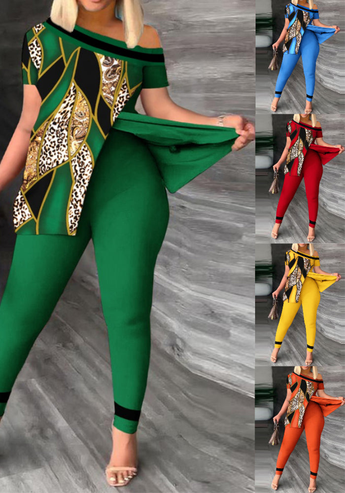 Women Summer Casual Slit Slash Shoulder Print Top and Pant Two-Piece Set