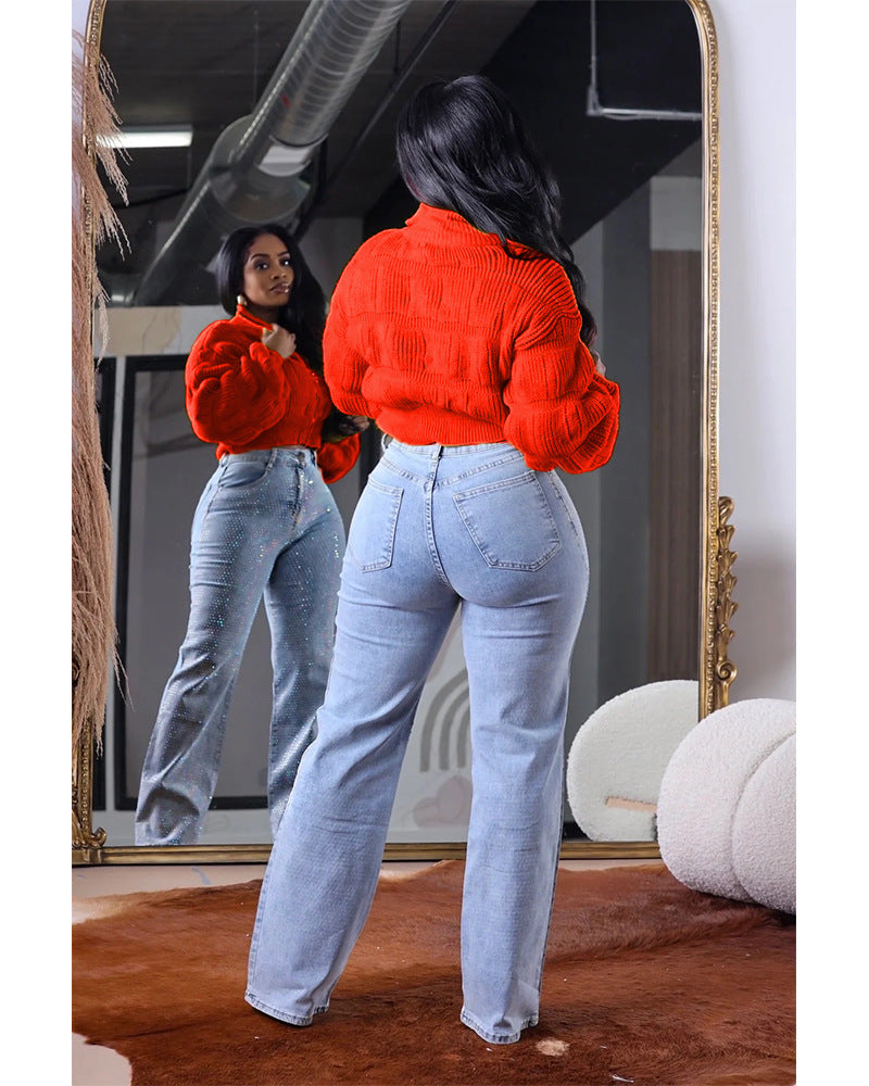 Women loose lantern sleeves Ribbed cuffs zipper sweater 9