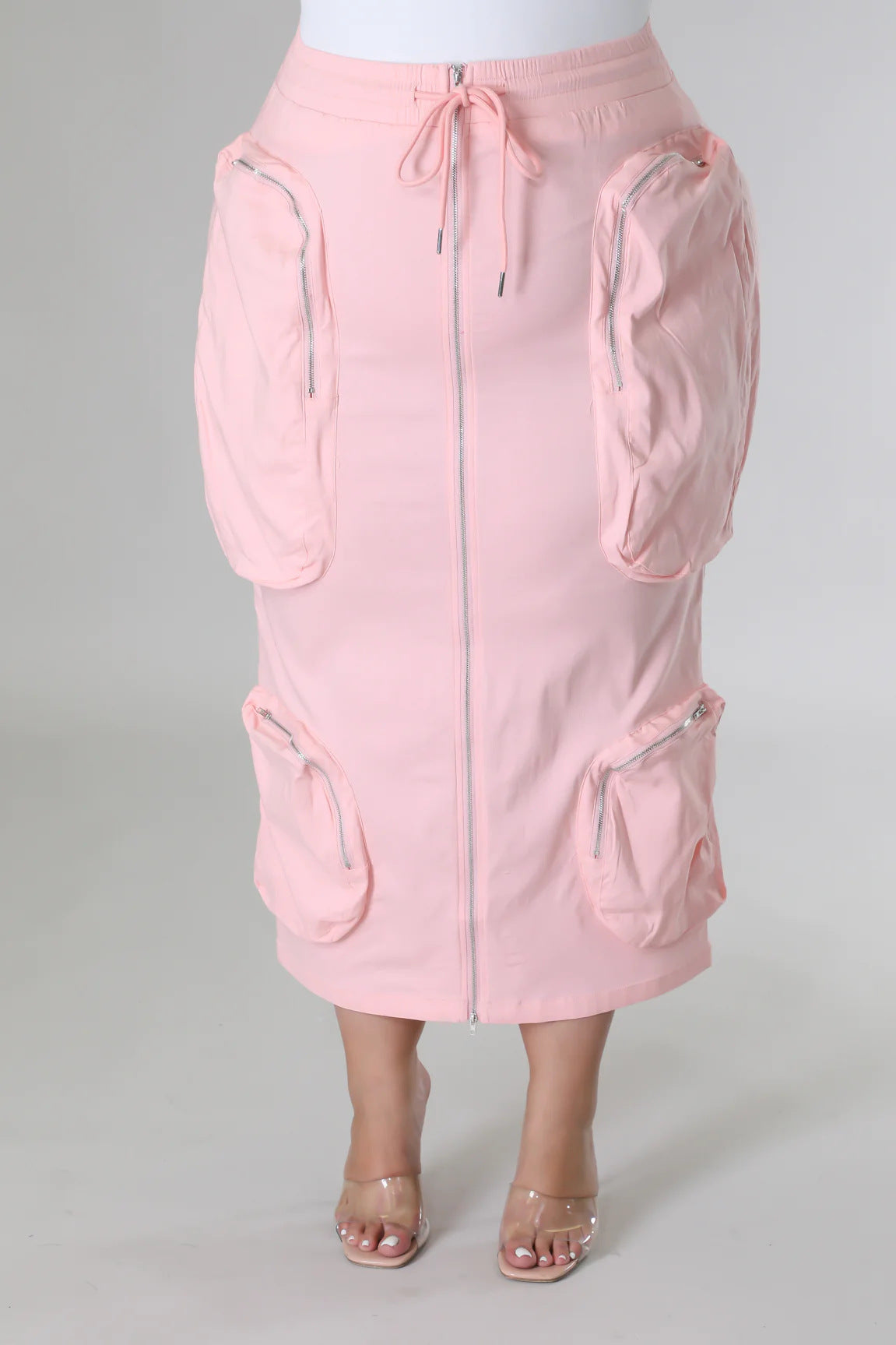 Plus Size Women Waist Cord Zipper Cargo Skirt 5