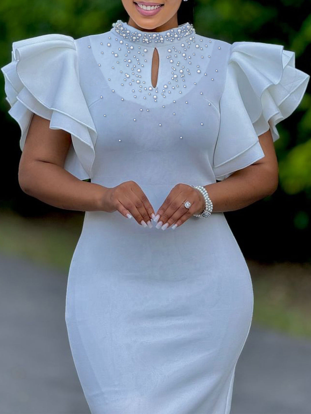 Women Sexy Ruffle Sleeve Beaded Party African Dress 9