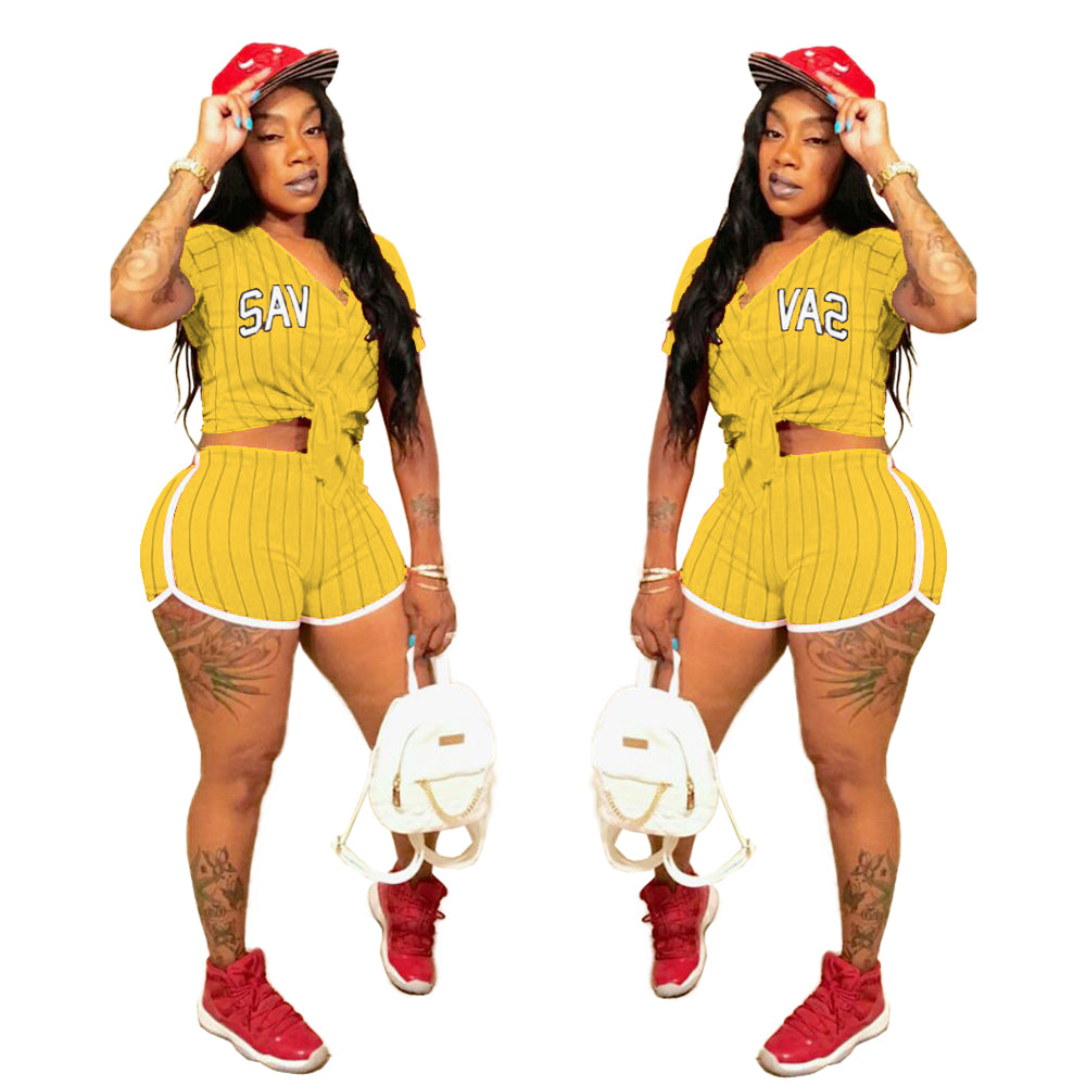 Women Sexy Women Striped Letter Baseball Top and Skirt Two-piece Set 29