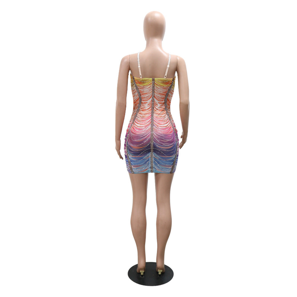 Sexy Straps Beaded Bodycon Slim Women Fashion Casual Party Dress 12