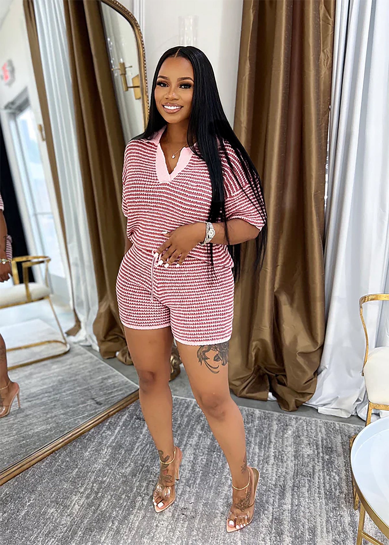 Women's Half-Sleeve V-Neck Striped Knit Top + High-Waist Shorts Casual Set 3