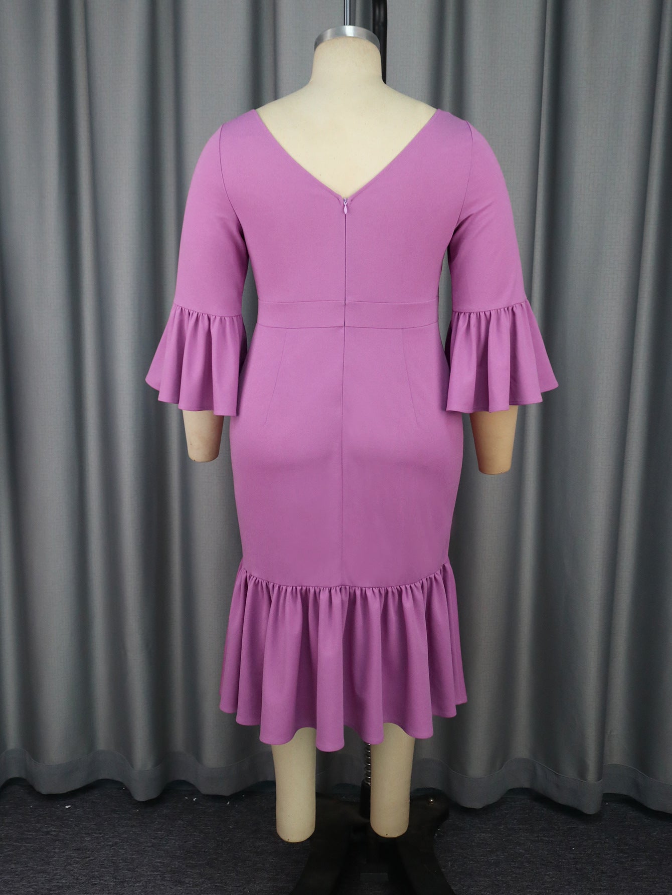 Women Purple Ruffle Edge Square Neck Bell Bottom fishtail dress 5