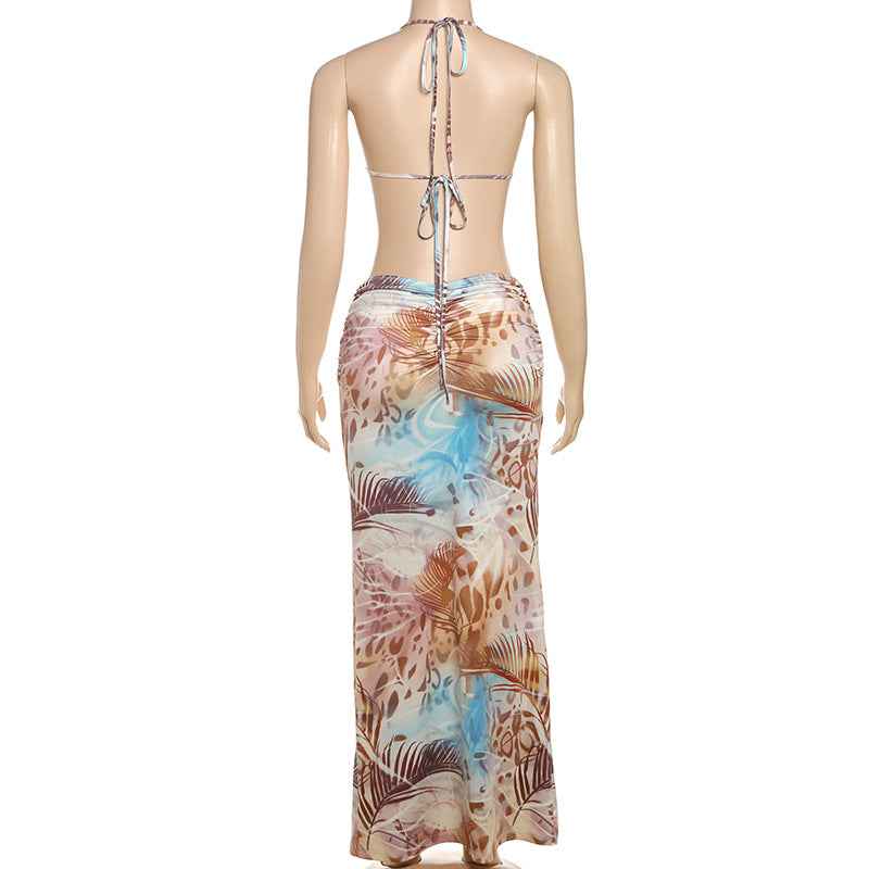 Women's Spring Halter Neck Tie Beaded Chain Slim Low Back Sexy Dress 44