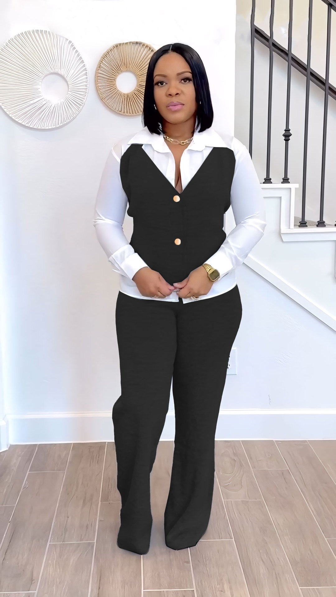 Fake Two-Piece Shirt Vest Patchwork Top Pants Two-Piece Set 4