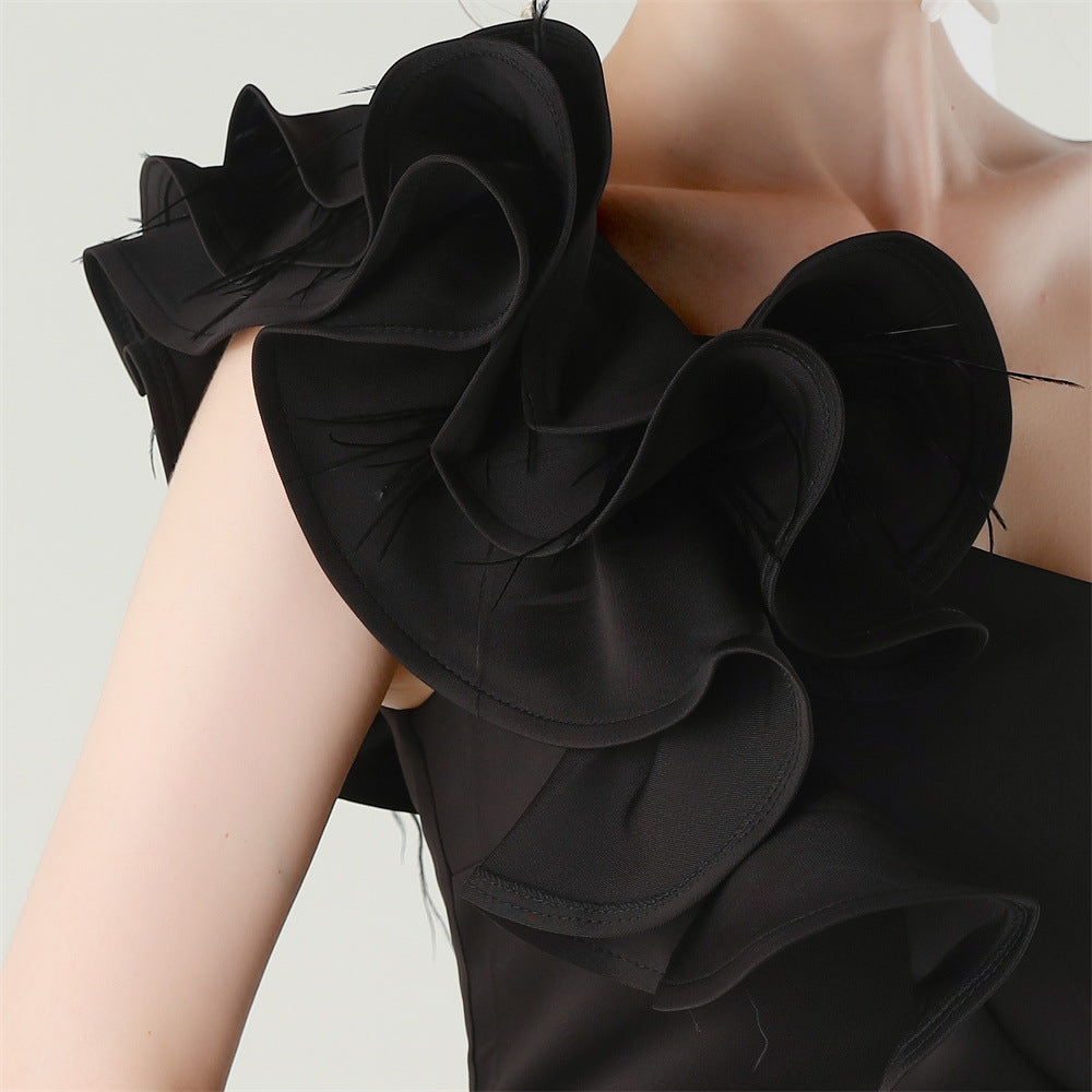 Women One-Shoulder Beaded Wool and Floral Satin Slit Sexy Evening Dress 53