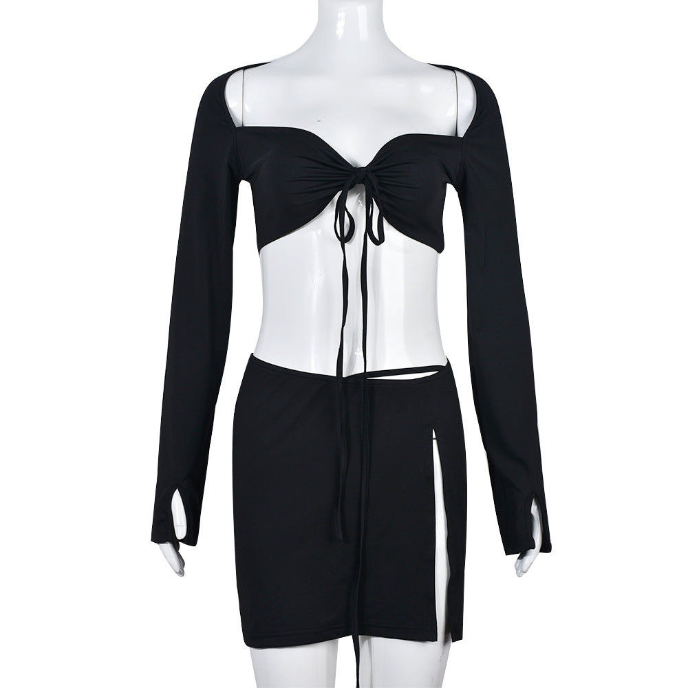 Women Lace-Up Long Sleeve Crop Top And Slit Skirt Two-Piece Set 8