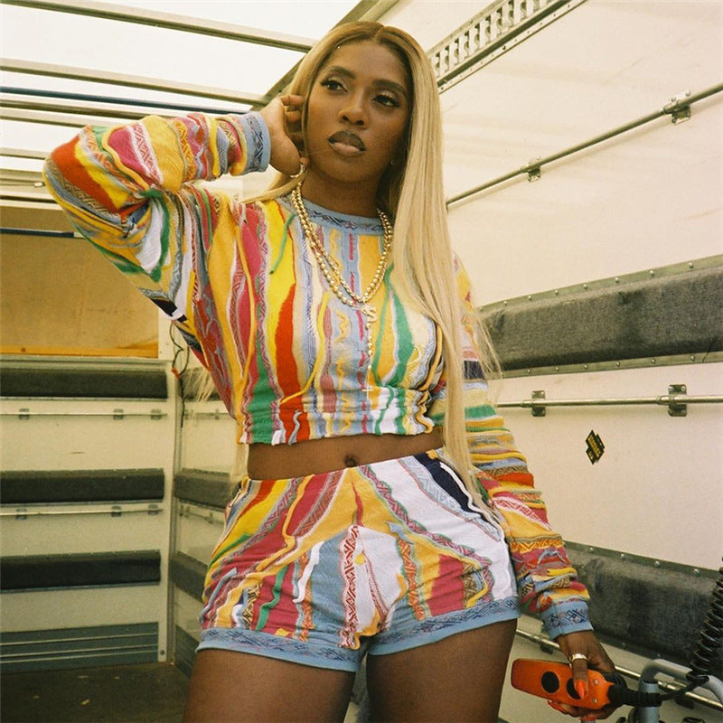 Fall Women Printed Casual Long Sleeve Top and Shorts Two-piece Set