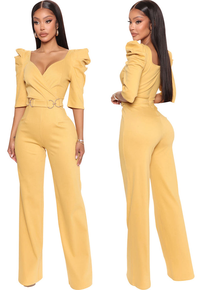 Sexy Fashion Solid Color Three-Quarter Sleeve V-Neck Jumpsuit Women's Clothing