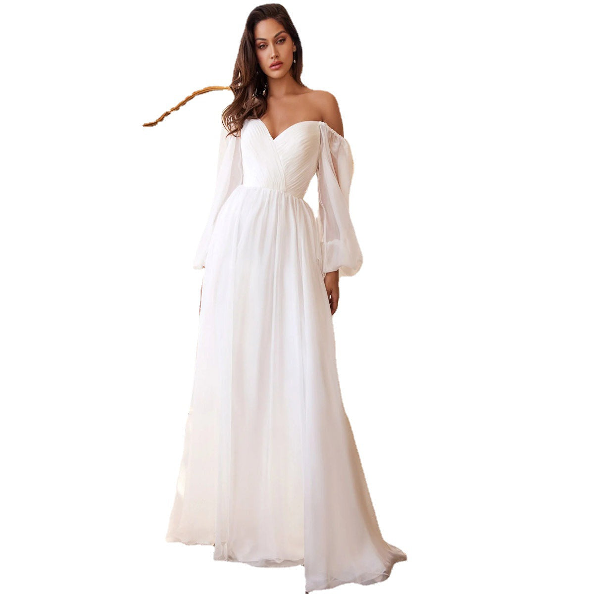 Women's Chiffon Long Sleeve Swing Dress Pressed Pleated Slim Fit Off Shoulder Formal Party Dress 6