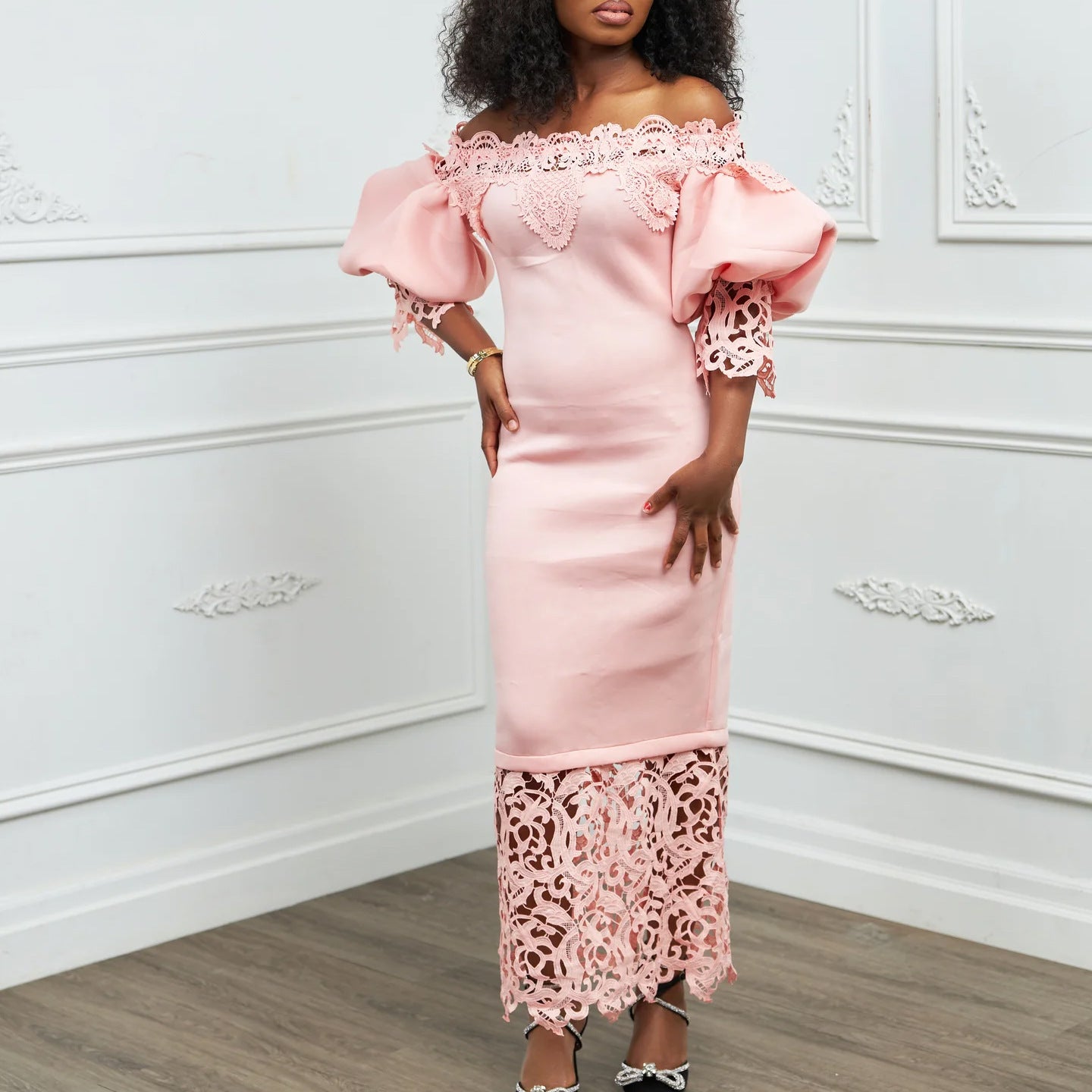 Women's Clothing Off Shoulder Lace Patchwork Puff Sleeve Formal Party Evening Dress