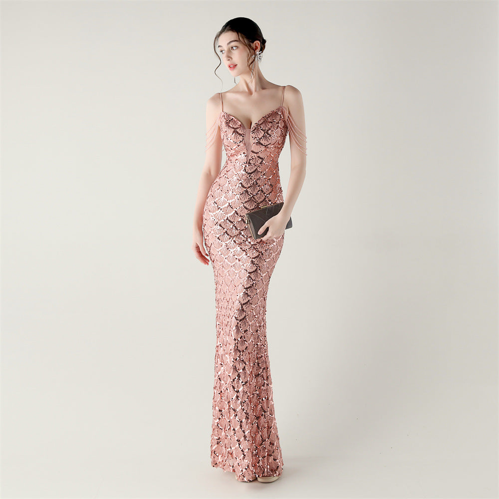 Deep V Strap Sequin Fishtail Evening Dress for Formal Occasions 12