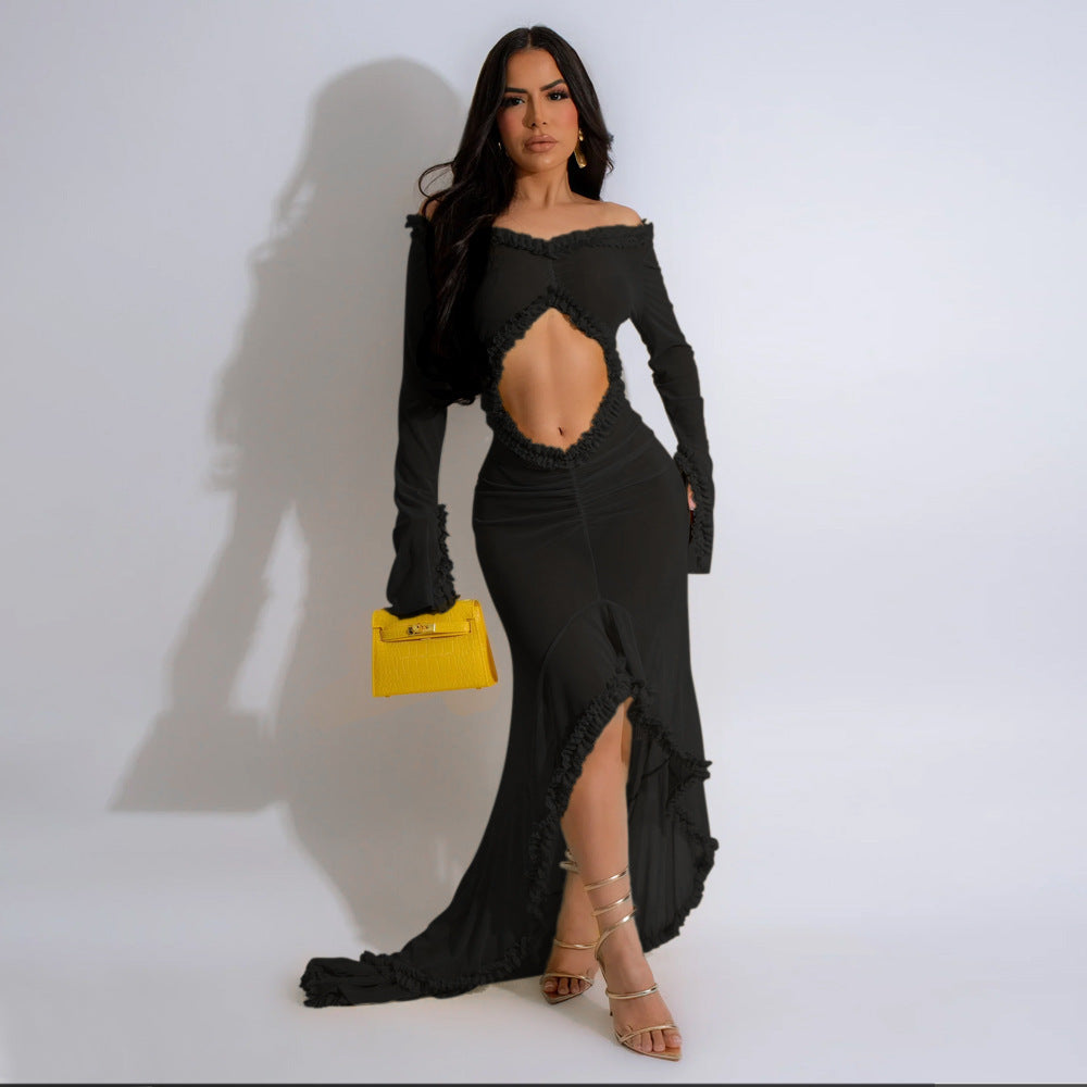 Solid Color See-Through Off Shoulder Long-Sleeved Sexy Long Dress 4