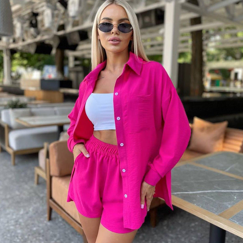 Spring and Spring Women's Solid Color Long-Sleeved Shirt Elastic Waist Loose Shorts Casual Two-Piece Set