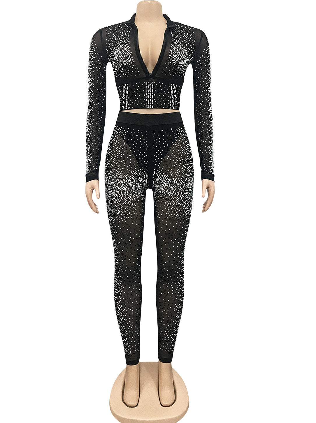 Summer Sexy Black Beaded Long Sleeve Crop Top and Pants Matching Set 5