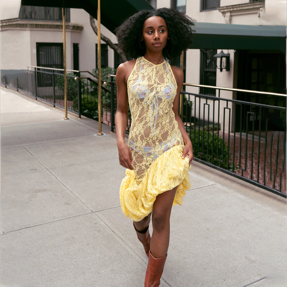 Women Summer Lace Irregular See-Through Sexy Slit Dress 3