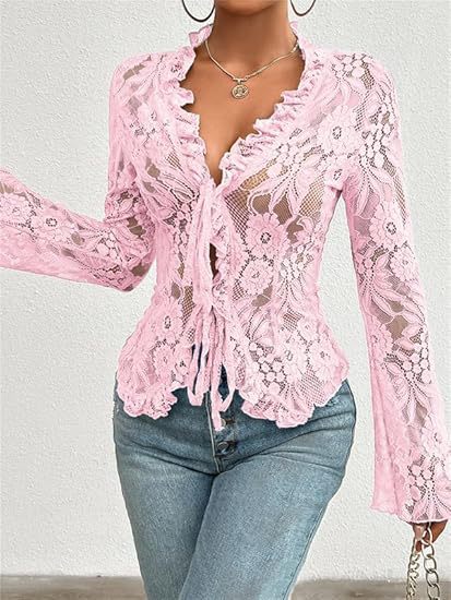 Women see-through lace long-sleeved ruffled mesh crop top