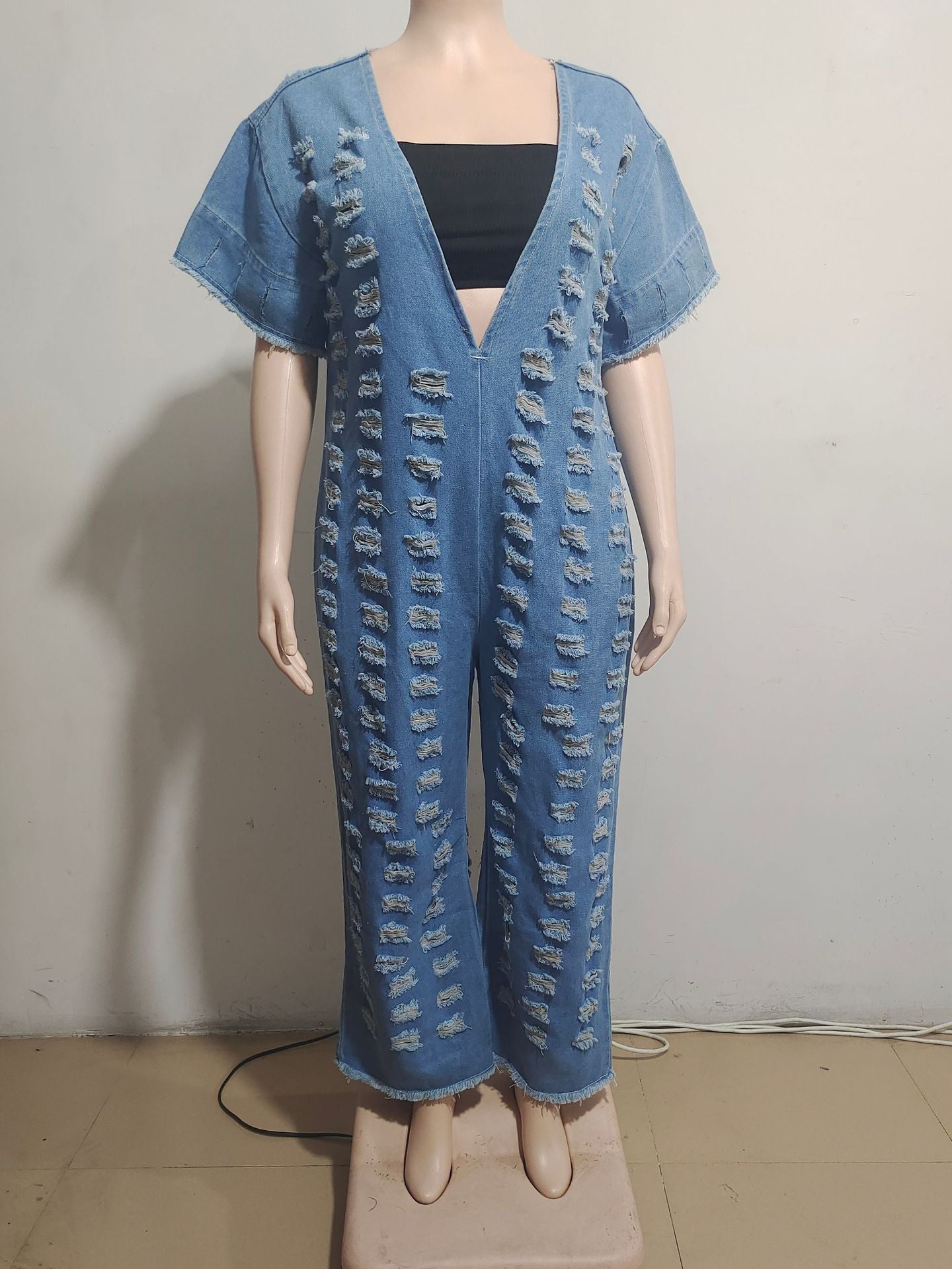 Women V Neck Ripped Loose Denim Jumpsuit Women Wide Leg 9