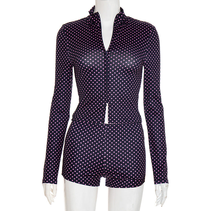 Women polka dot print long-sleeved zippered top and shorts two-piece set 6