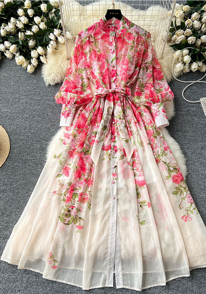 Printed Stand Collar Long-Sleeve Slim Waist Belt Chiffon Maxi Dress