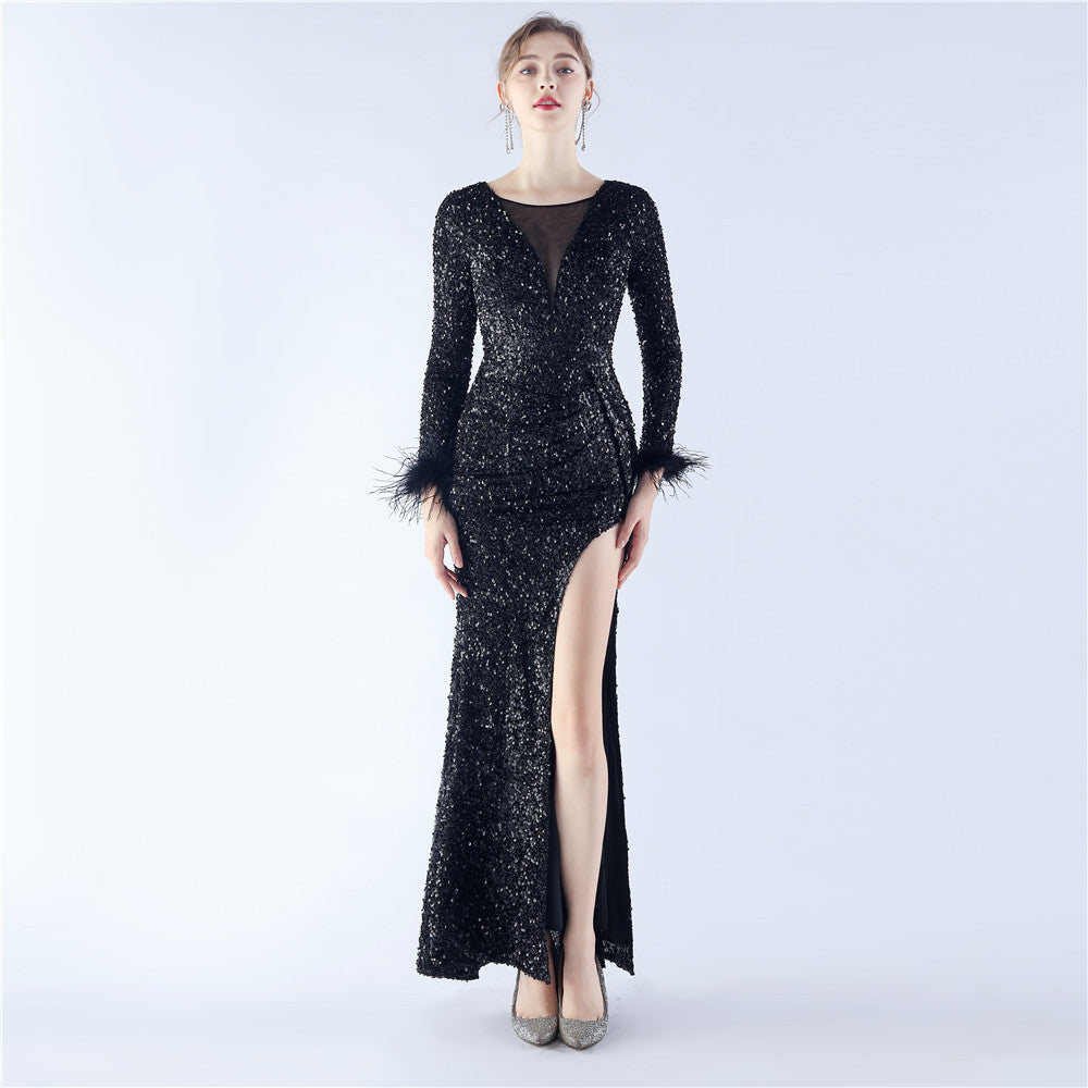 Women Sequined Ostrich Feather Long Sleeve Evening Gown 14