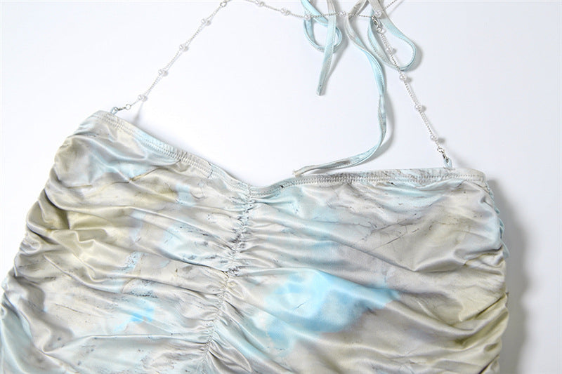 Women's Spring Halter Neck Tie Beaded Chain Slim Low Back Sexy Dress 34