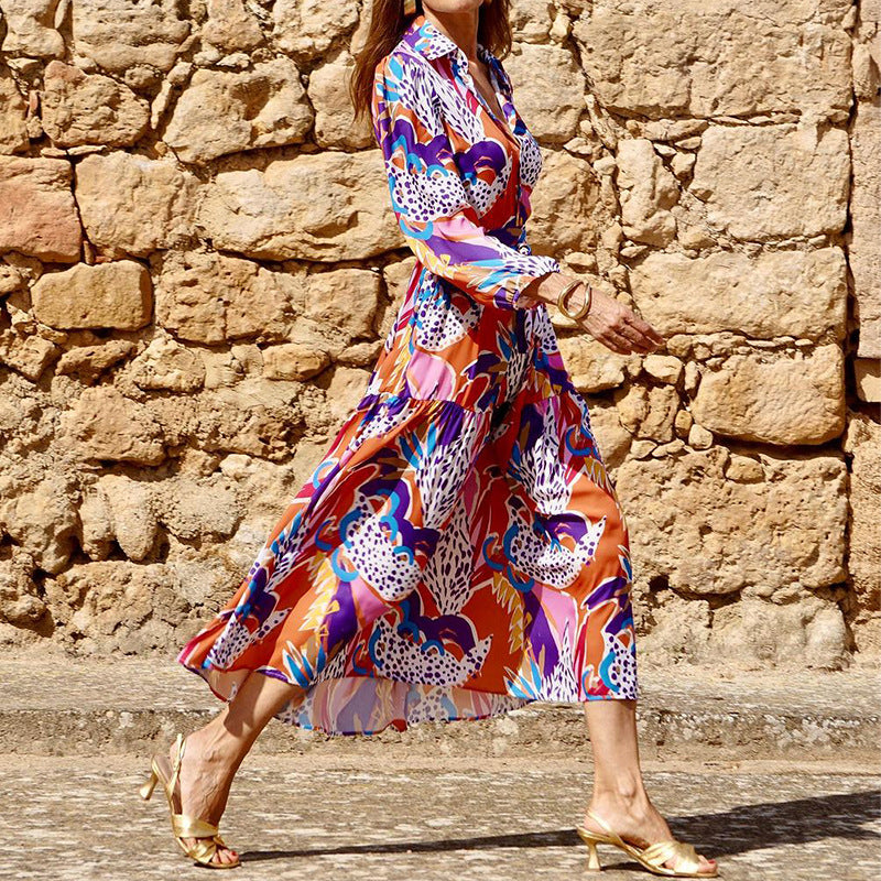 Autumn Women's Fashion Print Turndown Collar Long Sleeve Maxi Dress 3