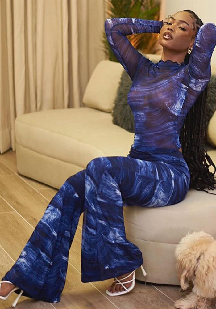 Women's Fashion Print Long Sleeve Top See-Through Bell Bottom Mesh Pants Fashion Two Piece Set